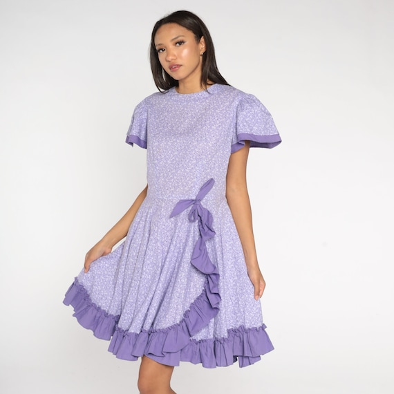 80s Floral Dress Purple Puff Sleeve Dress Ruffle Square Dance Country High Waist Midi Dress Boho Vintage 1980s Cottagecore Full Skirt Medium