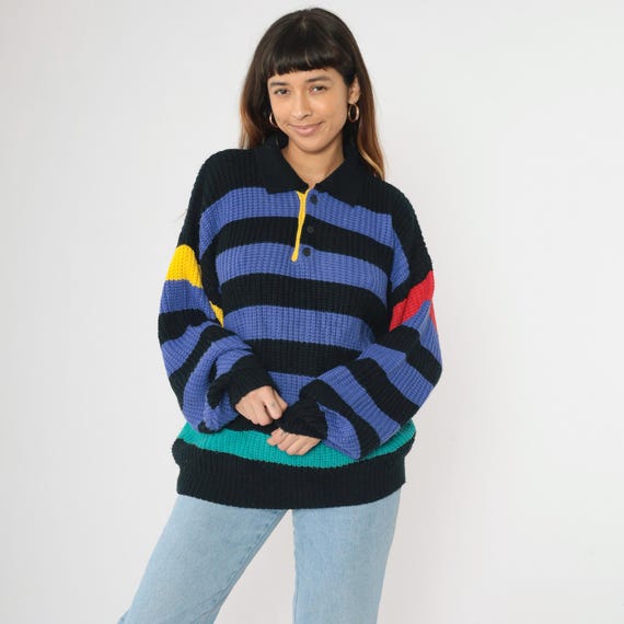 Vintage Striped Pullover Sweater 80s 90s Black Blue Multicolor Polo Knit Slouchy Button Up 1980s Saturdays Retro Acrylic Oversized Large L