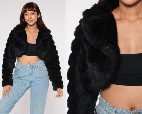 Faux Fur Jacket Y2K Black Cropped Fuzzy Winter Coat Rave Club
