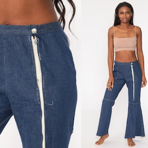 Chambray Bell Bottoms Pants 70s Trousers Flared Blue Cotton Hippie Boho Wide Leg High Waisted Pants Bellbottom 1970s Vintage Large 32