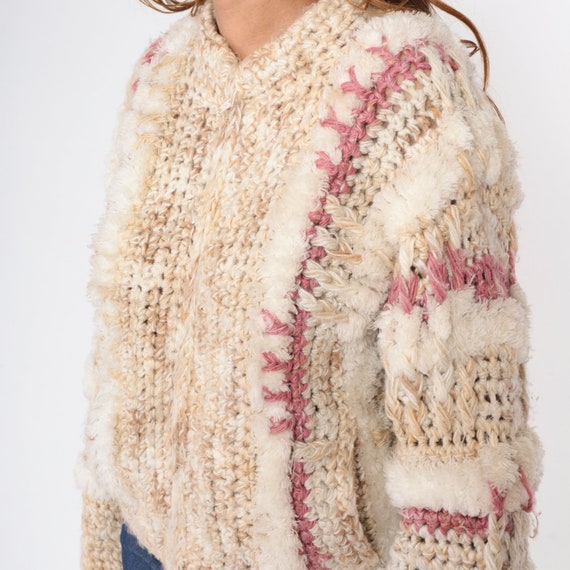 Chunky Knit Sweater 70s Zip Up Fuzzy Cardigan Tan… - image 6
