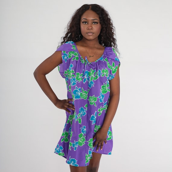 Tropical Mini Dress 80s Purple Floral Dress Hilo Hatties Aloha Boho Tulip Sleeve Shift Tent Summer Hawaiian Vintage 1980s Extra Large xl