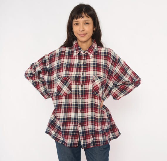 90s Dickies Flannel Shirt Red Navy Plaid Cotton Long Sleeve Workwear Grunge Chest Pocket Cream Check Lumberjack Unisex Top Extra Large XL