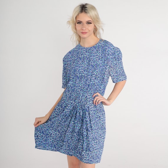 Purple Floral Dress Mini Button Back Dress 80s Vintage Dress High Waist Short Puff Sleeve Retro Minidress Casual Summer Rayon Large L