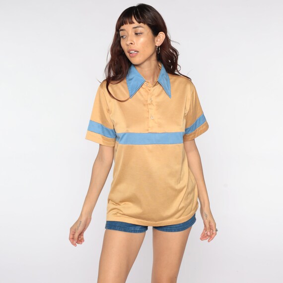 Striped Polo Shirt 70s Tan Shirt Half Button Up Shirt Polo Shirt Dagger Collar 1970s Stripes Nerd Retro Vintage Hipster Blue Medium Large