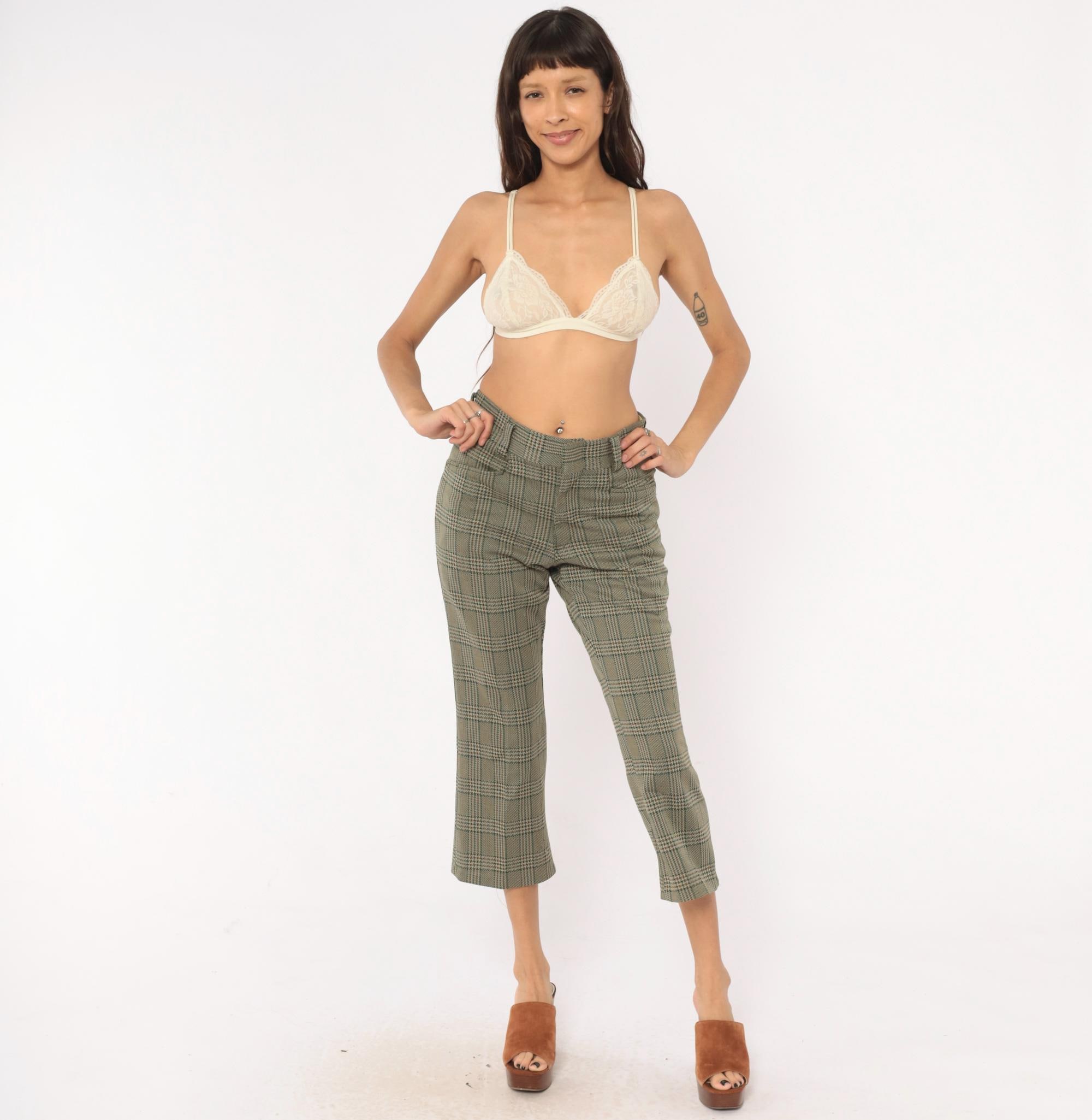 70s Glen Plaid Cropped Trousers Olive Tan Houndstooth Kick Flare