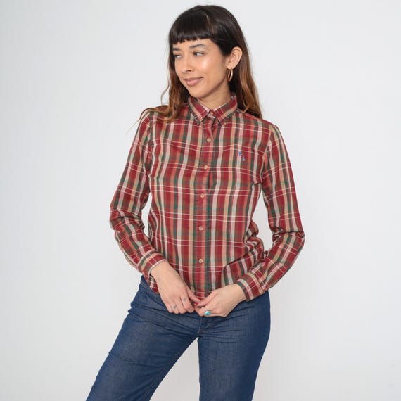 80s Plaid Shirt Vintage Duck Red Green Button Down Bird Embroidered Detail Cotton Button Cuff Long Sleeve Autumn Fall Winter Hunting Small