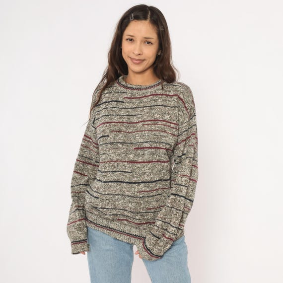 Marled Knit Sweater Striped Pullover 80s Burgundy Navy Heathered Gray Grandpa Style Relaxed Fit Striped Jumper Vintage Unisex Extra Large XL