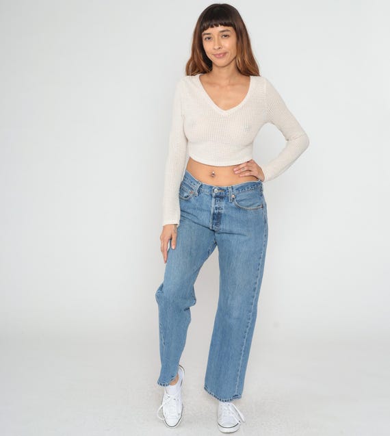 Y2K Levi's 501 High Waisted Mom Jeans Light Blue Denim 33x30 Straight Leg Button Fly Classic Vintage Faded Relaxed Fit Authentic Stonewash