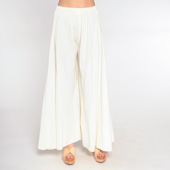 70s Palazzo Pants Off-White Pleated Wide Bell Bottoms Bohemian Hippie Trousers High Waisted Boho Festival Summer Vintage 1970s Small Medium
