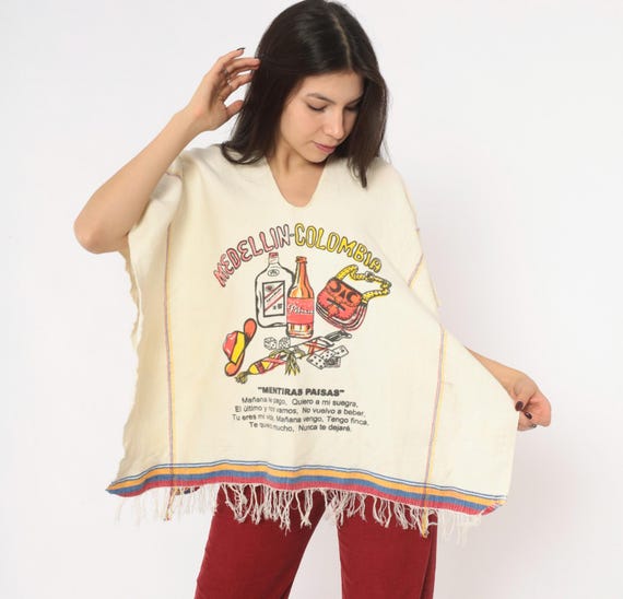 80s Medellin Colombia Souvenir Poncho Vest Cream Cotton Fringe Hem Striped Trim V Neck Woven Hippie Top Blanket Cape Red Yellow One Size