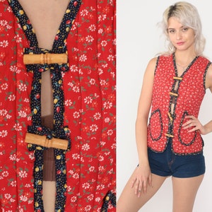 Chaleco acolchado con estampado floral de los años 70, estilo hippie, estilo bohemio, con estampado de calicó rojo, sin mangas, con botones para festivales, estilo bohemio, años 70, talla extra pequeña xs 0 imagen 2