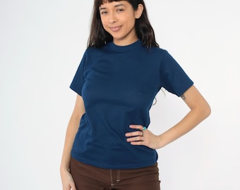 Maglietta vintage in maglia blu navy anni '70, blu scuro, a coste, a maniche corte, semplice, girocollo, anni '70, retrò, taglia S
