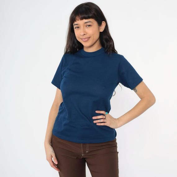 Vintage 70s Navy Knit Shirt Dark Blue Ribbed Top Short Sleeve Sweater Top Plain Crewneck Tee 1970s Seventies Retro Small S