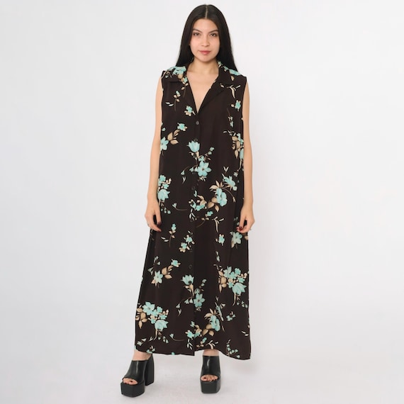 Vintage Brown Floral Maxi Dress 90s Plus Size Sundress Button up Dress Ankle Length Sleeveless Sun Day Dress Retro 1990s 18W/18 W