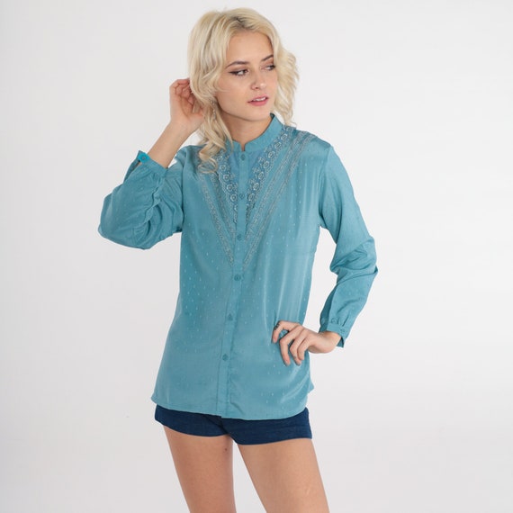Blue Embossed Blouse 80s Lace Trim Victorian Shirt Long Sleeve Shirt Button Up Party 1980s Boho Vintage Plain Mandarin Collar Top Medium