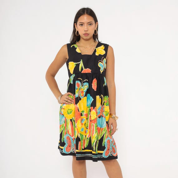 70s Butterfly Floral Babydoll Dress Black Yellow Painterly Sleeveless Empire Waist Cotton Garden Party Summer Sundress Knee Length Small S