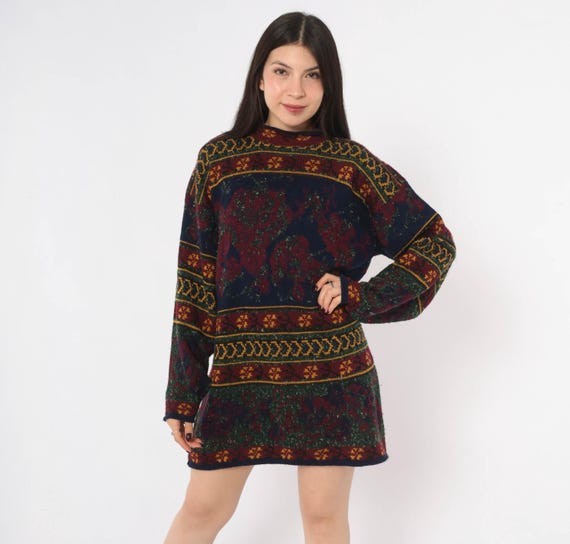 90s Sweater Dress Burgundy Navy Gold Floral Knit Mock Neck Long Sleeve Mini Jumper Dress Paisley Fair Isle Boxy Dark Vintage Medium M