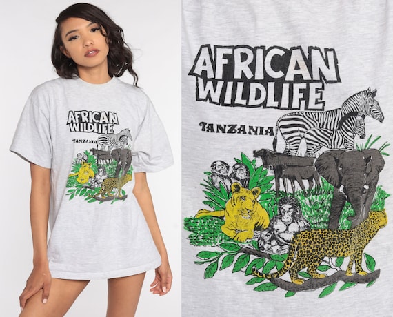 African Wildlife Shirt Tanzania Shirt Safari Tshirt Animal T Shirt 90s Elephant Leopard Jungle Tshirt Graphic T Shirt Vintage Large xl l