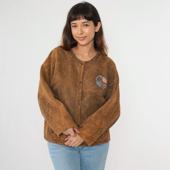 Vintage Southwestern Cardigan Sweatshirt 90s Stone Aged Rockwear Pearl Snap Brown Animal Graphic Button Up Jacket Medium Large