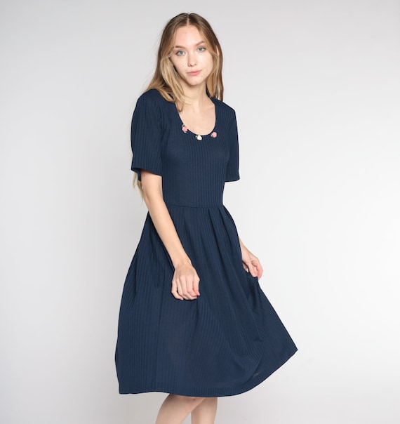 Navy Blue Dress 90s Ribbed Midi Dress Rosette Day Dre… - Gem