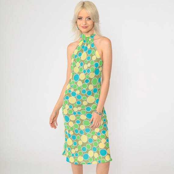 Y2K Halter Neck Dress Olive Green Polka Dot Midi Dress Sleeveless Keyhole Back Party Sheath Yellow Blue Medium