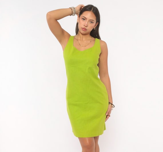 90s Chartreuse Linen Dress Lime Green Sleeveless V Neck Fitted Shift Mini Cotton Blend Summer Vacation Bright Sundress Tank Vintage Small S