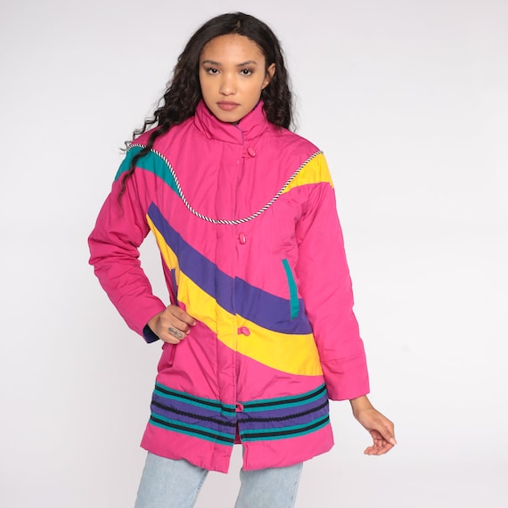 Neon Ski Jacket 80s Puffer Bright Pink Retro Abstract… Gem