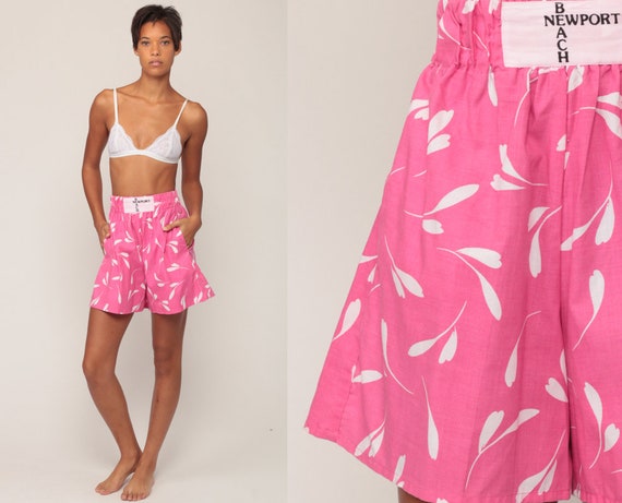 Floral Shorts 80s Shorts NEWPORT BEACH Pink Wide Leg Summer High Waisted Retro Vintage 90s Hipster Cotton Extra Small xs