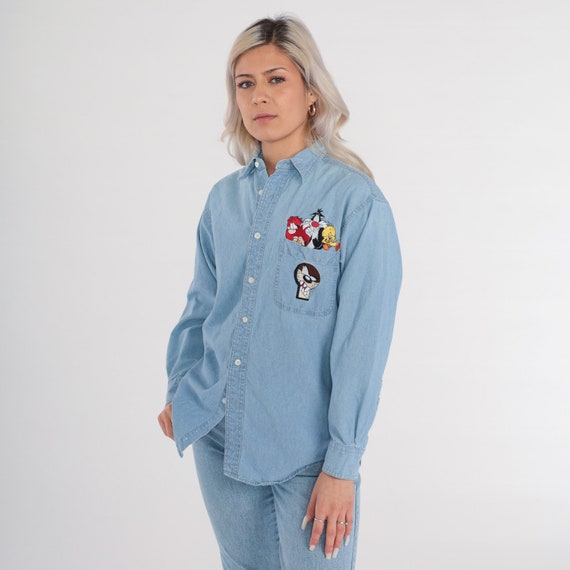 Vintage Looney Tunes Shirt 90s Denim Shirt Tweety Bird Jean Shirt Taz Warner Bros Top Graphic Retro Button Up 1990s Long Sleeve Men's Small