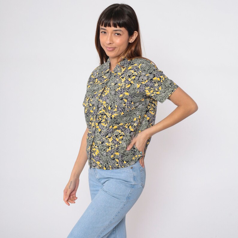 Black Floral Blouse 90s Button Up Shirt Retro Short Sleeve Top Flower Print Casual Hippie Summer 1990s Vintage Purple Yellow Small S image 4