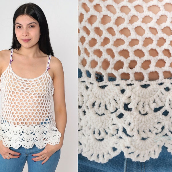 White Crochet Tank Top 70s Sheer Cutout Shirt Purple Ribbon Summer Festival Boho Blouse Open Weave Hippie Acrylic Mesh Vintage 1970s Small S