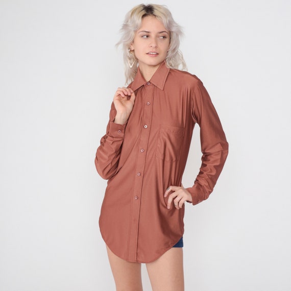 Cocoa Brown Shirt 70s Disco Shirt Button up Dagger Collar Top Long Sleeve Blouse Retro Plain Basic Collared Vintage 1970s Medium