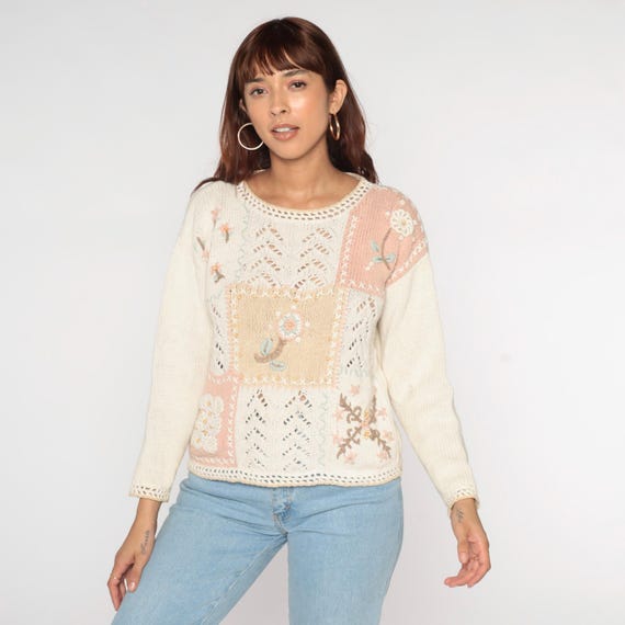Vintage Embroidered Floral Sweater 90s Crochet Openwork Sweater Ecru White Pink Cotton Ramie Beaded 1990s Pullover Petite Small S