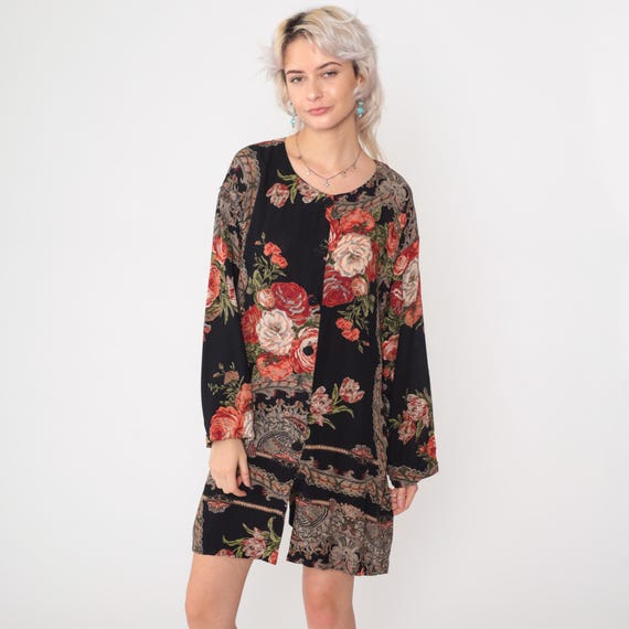 90s Graphic Floral Dress Vintage Black Grunge Mini Dress Button Up Dress 1990s Long Sleeve Shirtdress Minidress Shift Medium Large