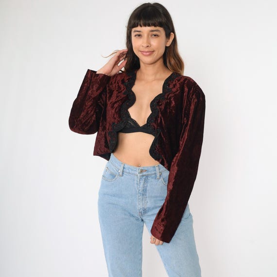 Vintage Burgundy Velvet Bolero Jacket xl 80s Puff Sleeve Floral Lace Trim Cropped Blazer Open Front 1980s Cocktail Evening Women Extra Large