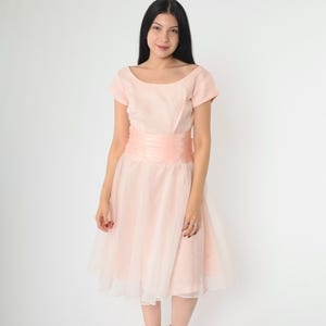 Vintage 1950s Pink Taffeta Party Dress Sheer Chiffon Overlay Full Midi Skirt 50s Bow Back Evening Ruched Waist Mid Century Formal Gown Small