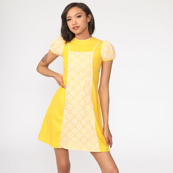 Lace Puff Sleeve Dress 2xs 60s Mod Mini LACE Party Boho Lolita Shift Dolly Vintage Yellow 1960s Bohemian 70s Bib Extra Small xxs