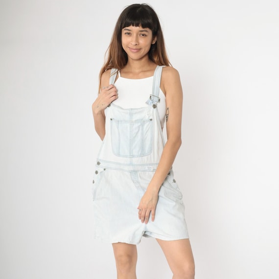 Vintage Light Wash Overall Shorts 90s Denim Shortalls Blue Jean Distressed Streetwear Summer Bib Suspender 1990s Bill Blass Medium M