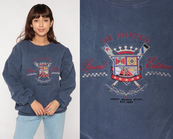90s Sweatshirt Blue San Francisco Crest Crazy Shirts Sweatshirt Embroidered Logo Pullover Crewneck Sweater Retro Faded Vintage 1990s XL