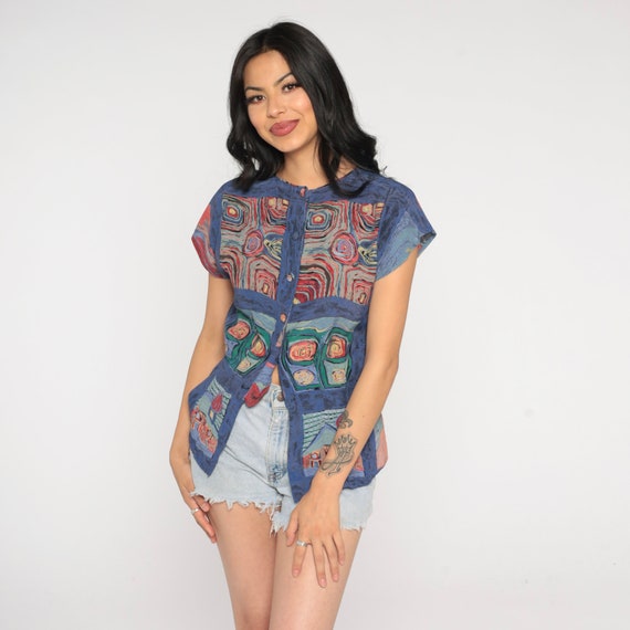 Abstract Blouse 90s Button Up Shirt Boho Grunge Home Swirl Painting Print Cap Sleeve Top Retro Hipster Bohemian Hippie Vintage 1990s Small S