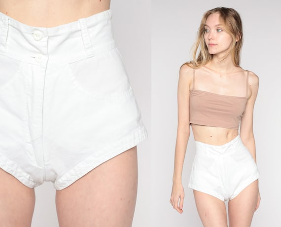 70s White Shorts Hotpants High Waisted Retro Mod Shorts Pin Up Hot Pants High Rise Pinup Seventies Vintage 1970s Cotton Blend 2xs xxs