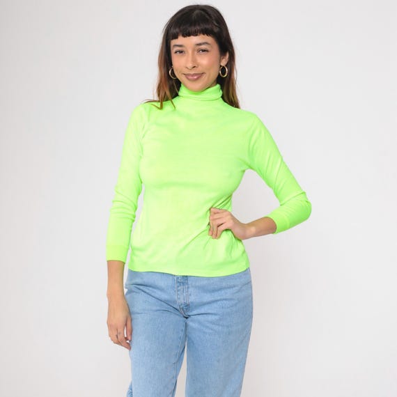 Vintage Neon Green Turtleneck Top 80s 90s Tyrolia by Head Skiwear Long Sleeve Shirt Ski Shirt High Neck Plain Top Retro 1980s Youth Large