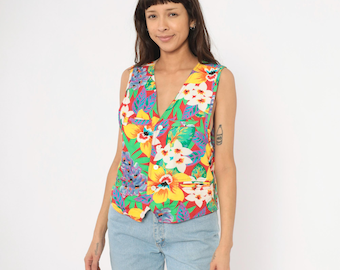 Tropical Floral Vest 90s Lizwear Button Front V Neck Red Green Yellow Flower Print Sleeveless Top Hawaiian Leaf Patterned Blouse Medium M