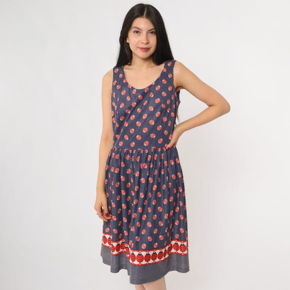 Ladybug Dress 60s Navy Blue Red Polka Dot Sleeveless Vintage Rockabilly Pin Up Kawaii Cute Bug Print Summer Mod Swing Novelty Quirky Medium