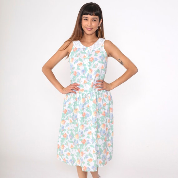 Floral Sun Dress 80s Lace Collar Drop Waist Midi Dress White Vintage Bohemian Sundress Button Up Sleeveless 1980s Low Waist Sun Dress Small