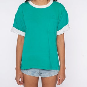Green Pocket Shirt 80s T Shirt Green Ringer TShirt 90s Cuffed Shirt Vintage Tshirt Top Retro Tee Basic Shirt Short Sleeve Medium image 5