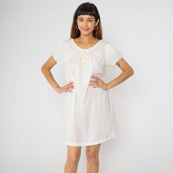 Vintage Nightgown 70s White Floral Embroidered Nightie Lingerie Lace Mini Slip Dress Boho Vintage Cap Puff Sleeve 1970s Semi-Sheer Medium