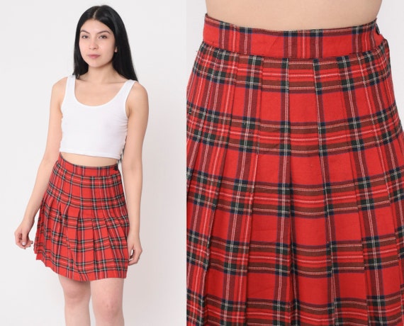 Plaid Mini Skirt 90s Red School Girl Skirt Pleated Tartan High Waisted Preppy Checkered Retro Vintage Lolita 1990s Extra Small xs 24