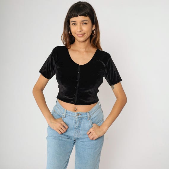 Y2K Velvet Crop Top Black Cropped Shirt Vintage Scoop Neck Short Sleeve Blouse Simple Sexy Party Rave Going Out Gothic Festival 00s Small S